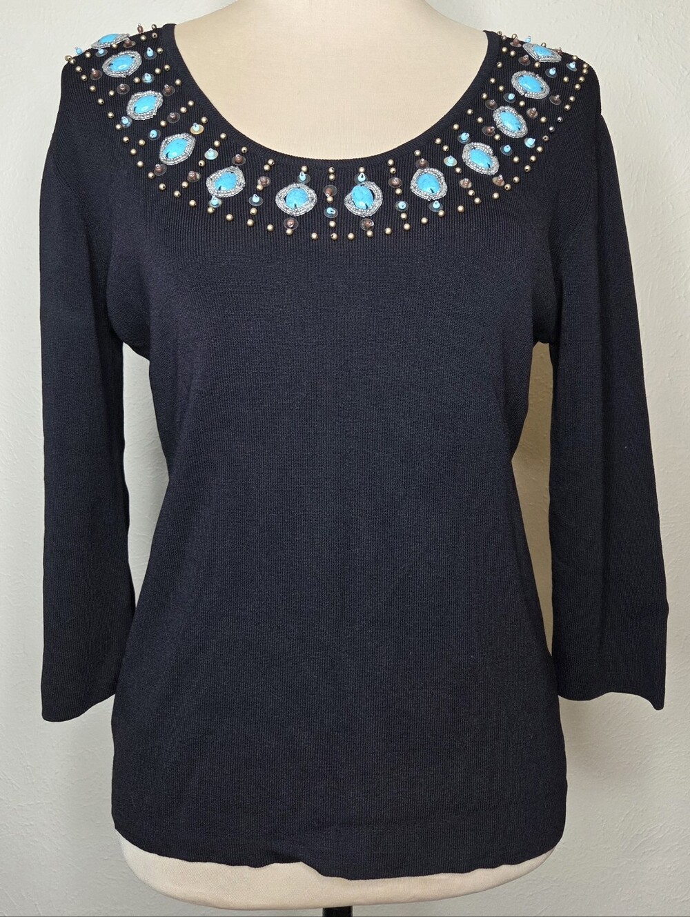 Joseph A Black Embellished Knit Top Turquoise Beaded XL Western Southwestern